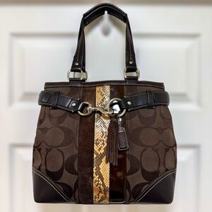 Coach Hampton Signature Patchwork Tote Brown Python Stripe
